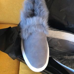 Rachel Zoe brand new grey suede with fur slides